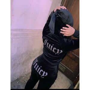 Juicy Couture Velour Tracksuit Set Hoodie Pants Liquorice L Rhinestones